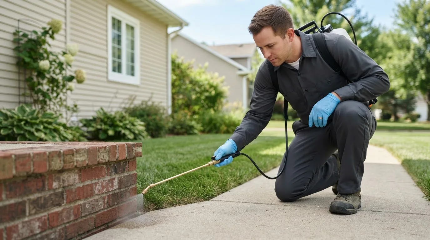 Pest control technician treating a home near Johnston, IA