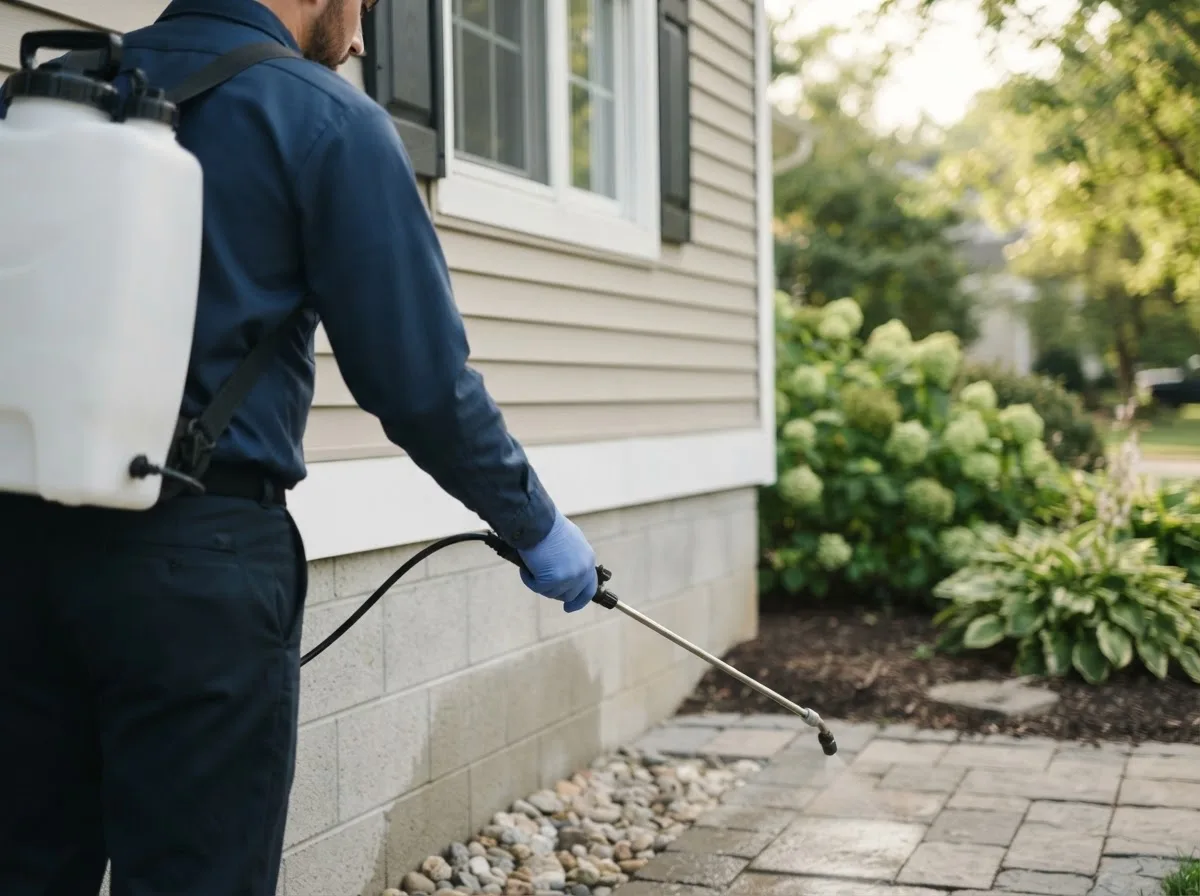 Pest control technician inspecting a home in Johnston, IA